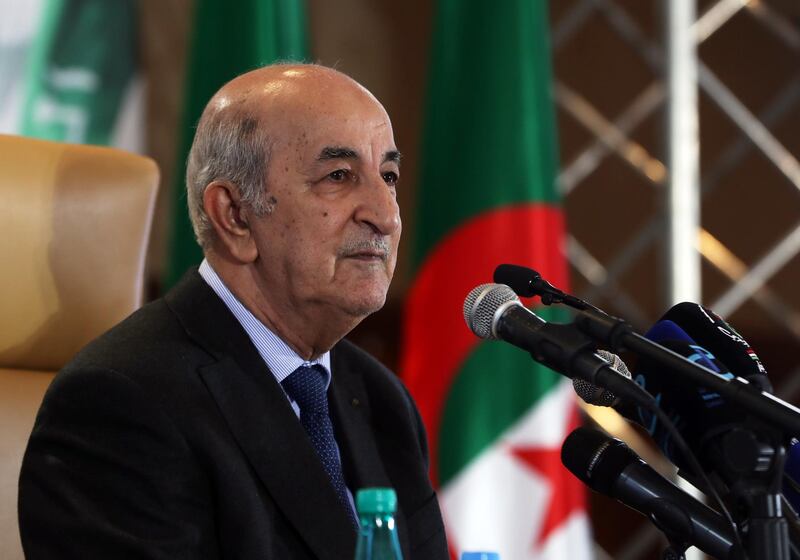 epa08930666 (FILE) - Algerian President-elect Abdelmadjid Tebboune speaks during a press conference in Algiers, Algeria, 13 December 2019 (reissued 10 January 2021) Algerian President Tebboune on 10 January 2021 embarked to Germany to have previously planned non-urgent minor surgery in his foot performed, the presidency said. Tebboune had previously been treated in Germany for Covid-19  EPA/MOHAMED MESSARA *** Local Caption *** 56446602