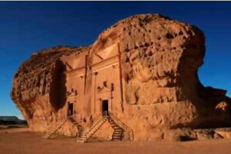 A file picture dated December 16, 2007 shows a section of the Archaeological Site of Al-Hijr, also known as Madain Saleh, in northern Saudi Arabia which was added on July 6, 2008 to UNESCO's World Heritage List. Al-Hijr, the largest conserved site of the civilization of the Nabataeans south of Petra in Jordan, is the first World Heritage site in Saudi Arabia. UNESCO's World Heritage Committee added this weekend three new sites to its heritage list, including a former slave hideout in Mauritius, China's Fujian Tulou earthen houses and the Saudi Nabataean site. AFP PHOTO/HASSAN AMMAR *** Local Caption ***  849095-01-08.jpg