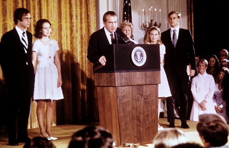 Nixon gives a speech at the White House following his resignation from the presidency after the Watergate scandal.  Consolidated News Pictures / AFP