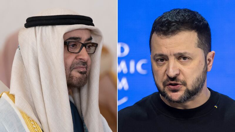 President Sheikh Mohamed spoke with Volodymyr Zelenskyy in a telephone call on Friday. UAE Presidential Court/AFP