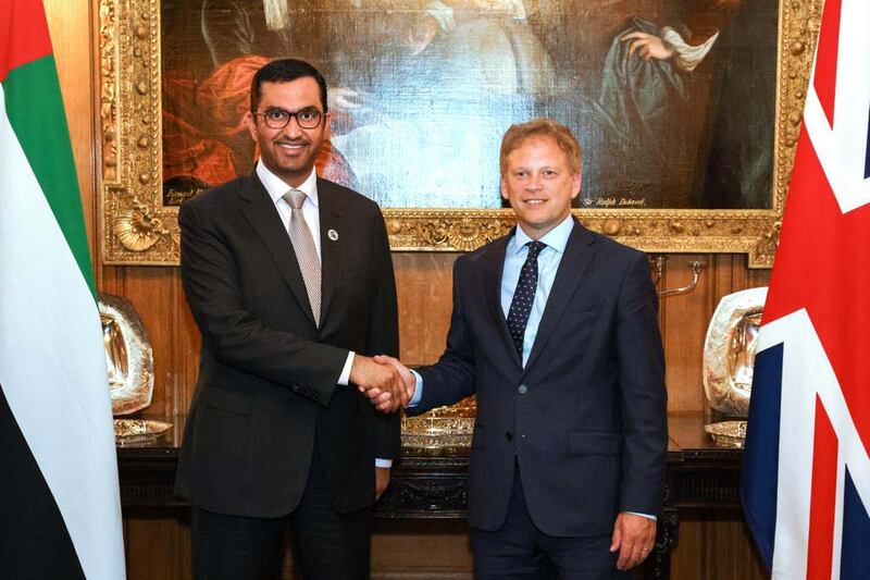 Dr Sultan Al Jaber, UAE Minister of Industry and Advanced Technology and Cop28 President-designate, meets Grant Shapps, the UK's Secretary of State for Energy Security and Net Zero, in London. Photo: Cop28 UAE