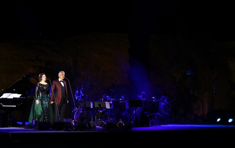 Andrea Bocelli and Francesca Maionchi on stage at Hegra. Getty Images for The Royal Commission for AlUla