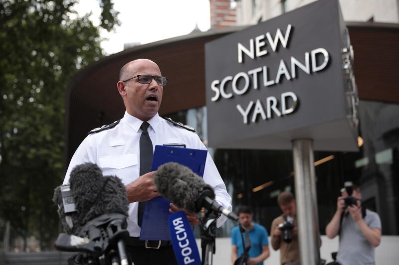LONDON, ENGLAND - JULY 09:  Assistant Commissioner of Specialist Operations Neil Basu at New Scotland Yard reads a statement to the media outside New Scotland Yard on July 9, 2018 in London, England. Police have launched a murder enquiry after Dawn Sturgess, 44, died after being exposed to the nerve agent Novichok. In March, Russian former spy Sergei Skripal and his 33-year-old daughter Yulia were poisoned with the Russian-made Novichok in the town of Salisbury.  (Photo by Dan Kitwood/Getty Images)