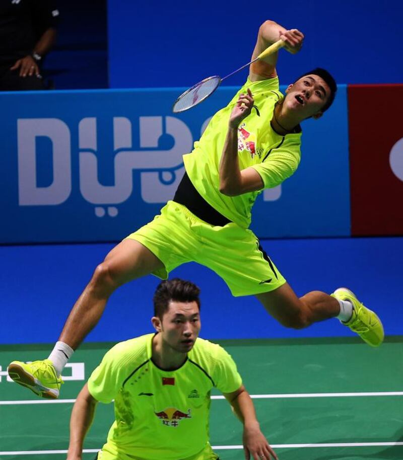 Badminton players Hong Wei (not pictured) and Chai Biao of China in action during their final of men’s doubles final against Lee Yong Dae and Yoo Yeon Seong of South Korea at the BWF Destination Dubai World Superseries Finals. Marwan Naaman / AFP