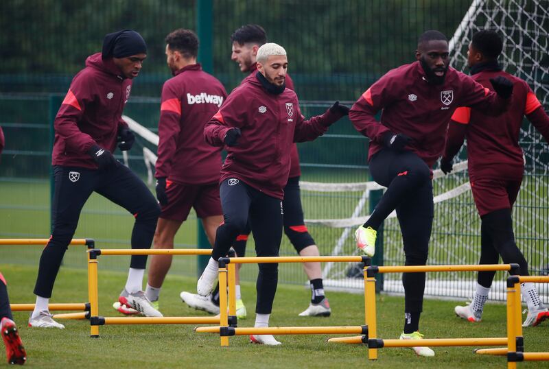 West Ham's Said Benrahma with Arthur Masuaku and teammates. Reuters