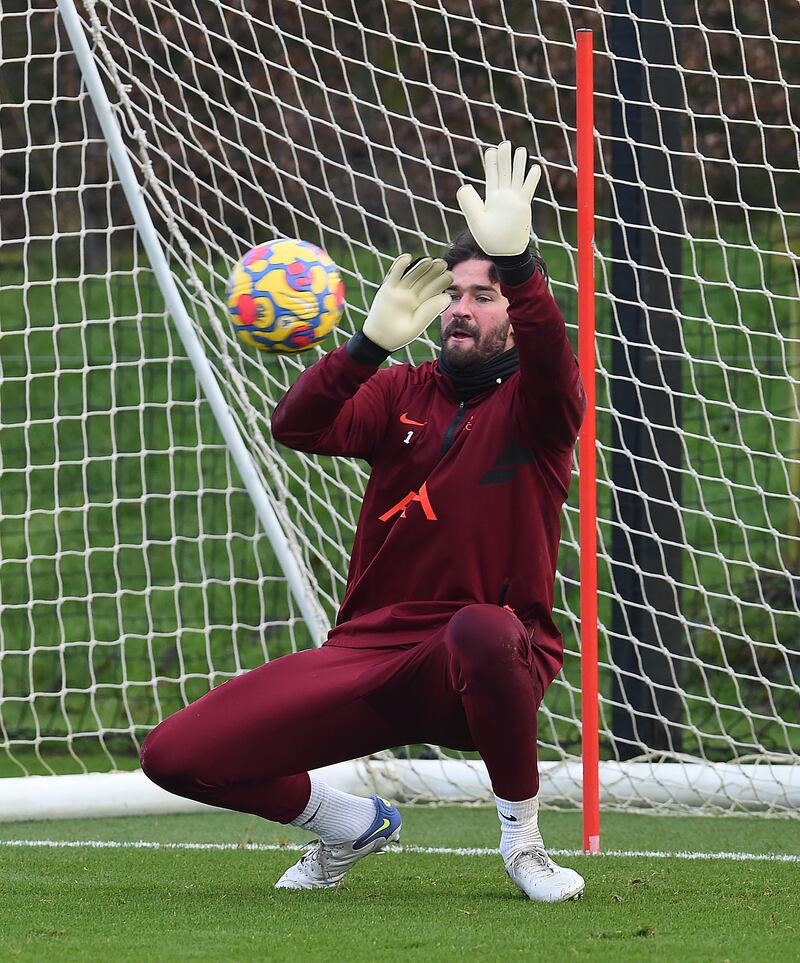 Goalkeeper Alisson Becker during training.