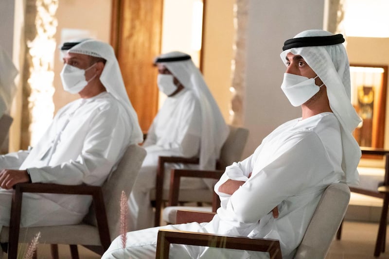 ABU DHABI, UNITED ARAB EMIRATES - April 07, 2021: HH Sheikh Hamdan bin Mohamed bin Zayed Al Nahyan (R), attends the Abu Dhabi Awards ceremony, at Qasr Al Hosn.

( Hamad Al Mansoori / Ministry of Presidential Affairs  )
---