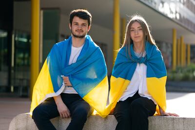Ukrainian students Pavlo Denysenko and Snizhana Berezhna at Coventry University, where President Volodymyr Zelenskyy addressed students as part of a live broadcast to a number of UK universities. PA