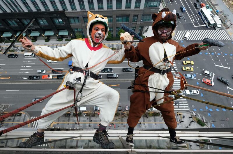 Workers clad in costumes to represent the outgoing year of the dog and incoming year of the wild boar clean windows on the side of a hotel in Tokyo. AFP