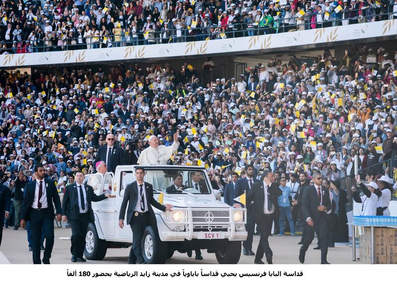 ABU DHABI, UNITED ARAB EMIRATES - February 4, 2019: Day three of the UAE papal visit - His Holiness Pope Francis, Head of the Catholic Church (in vehicle) greets crowds upon arrival, at Zayed Sports City Stadium, to celebrate holy mass.
( Eissa Al Hammadi for the Ministry of Presidential Affairs )
---