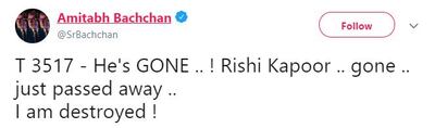 Amitabh Bachchan paid tribute to Rishi Kapoor in a tweet that has since been deleted. Twitter 