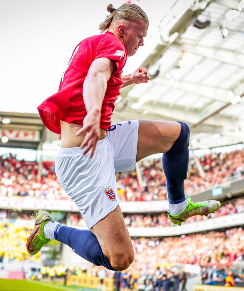Norway's Erling Haaland celebrates after scoring against Sweden in the UEFA Nations League on June 12, 2022. EPA