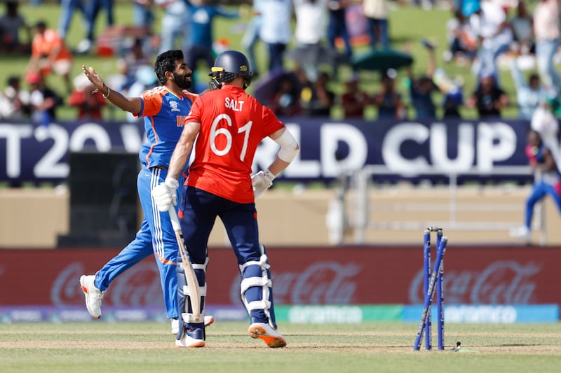 Bumrah celebrates after the wicket of Salt. PA