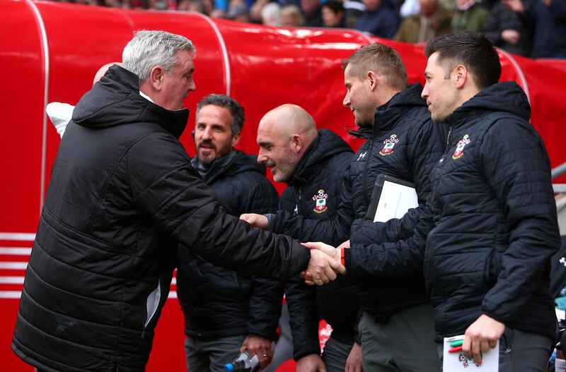 SOUTHAMPTON, ENGLAND - MARCH 07: Steve Bruce, Manager of Newcastle United shakes hands with backroom staff from Southampton during the Premier League match between Southampton FC and Newcastle United at St Mary's Stadium on March 07, 2020 in Southampton, United Kingdom. (Photo by Charlie Crowhurst/Getty Images)