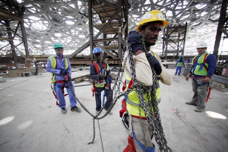 A scene from the Louvre Abu Dhabi’s internal construction, showing its spectacular dome and the removal of the temporary towers that have supported the structure. Christopher Pike / The National