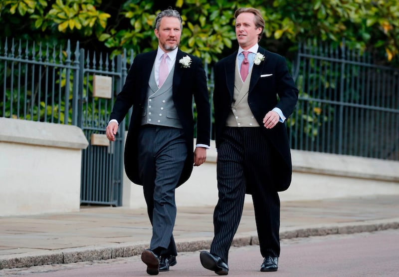 Thomas Kingston, right, arrives for his wedding ceremony to Lady Gabriella Windsor. AFP