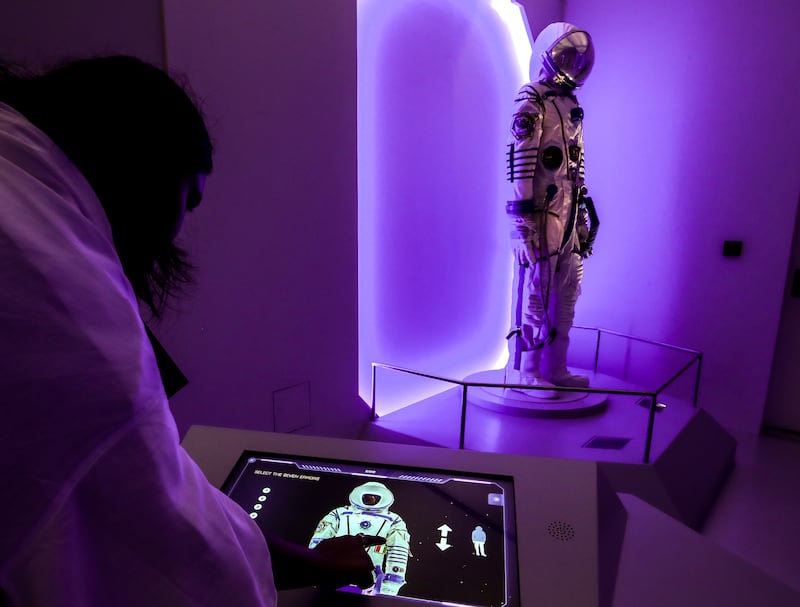 Emirati astronaut Hazza Al Mansouri’s Sokol spacesuit is on display
