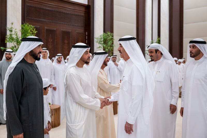 Sheikh Saud bin Rashid Al Mualla, Ruler of Umm Al Quwain, is greeted by Sheikh Hamdan bin Zayed, Ruler’s Representative in Al Dhafra Region, as Sheikh Nahyan Bin Zayed, Chairman of the Board of Trustees of Zayed bin Sultan Al Nahyan Charitable and Humanitarian Foundation, looks on.
Abdulla Al Bedwawi / UAE Presidential Court 