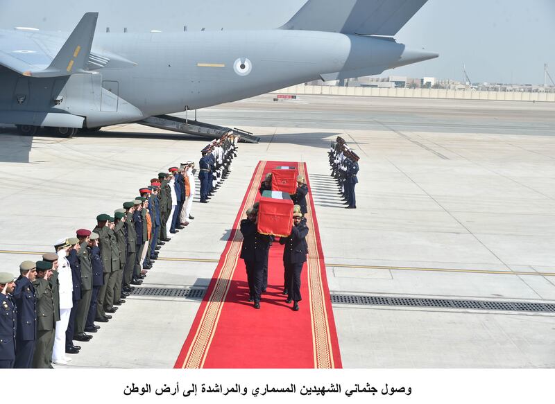 The bodies of Major Pilot Ali Al Mesmari and First Lieutenant Pilot Badr Al Marasheda arrive in the UAE on Wednesday. Wam