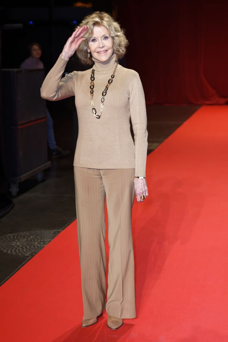 Jane Fonda, in a tan sweater and trousers, attends the closing ceremony of the 10th Lumiere Film Festival in Lyon, France, on October 21, 2018