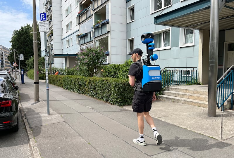 A man carries a Google Street View Trekker backpack in Berlin in 2023. Getty Images