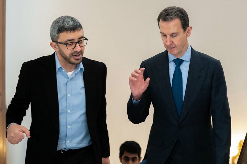 Sheikh Abdullah with Mr Al Assad on February 12. Syrian Presidency Telegram Page / AFP