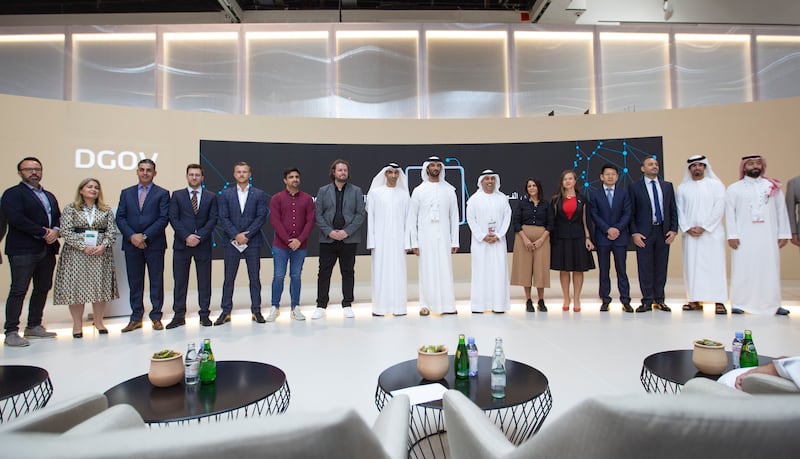 HE A budullah bin Touq Al Marri, UAE Minister of Economy together with HE Dr. Thani bin Ahmed Al Zeyoudi, Minister of State for Foreign Trade and with the investors at the launch of The Entrepreneurial Nation 2.0 at GITEX Day 4, Dubai World Trade Centre. 