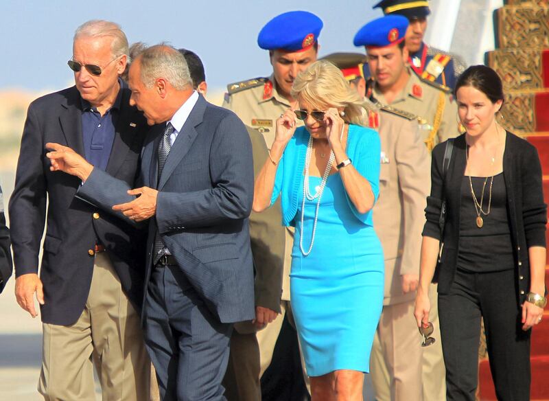 Egyptian Foreign Minister Ahmed Aboul Gheit (2nd-L) receives US Vice President Joe Biden (L) and his wife Jill Biden (C) upon their arrival at Sharm el-Sheikh Airport on June 6, 2010, for a meeting with President Hosni Mubarak on the first leg of an African tour. AFP PHOTO/KHALED DESOUKI (Photo by KHALED DESOUKI / AFP)