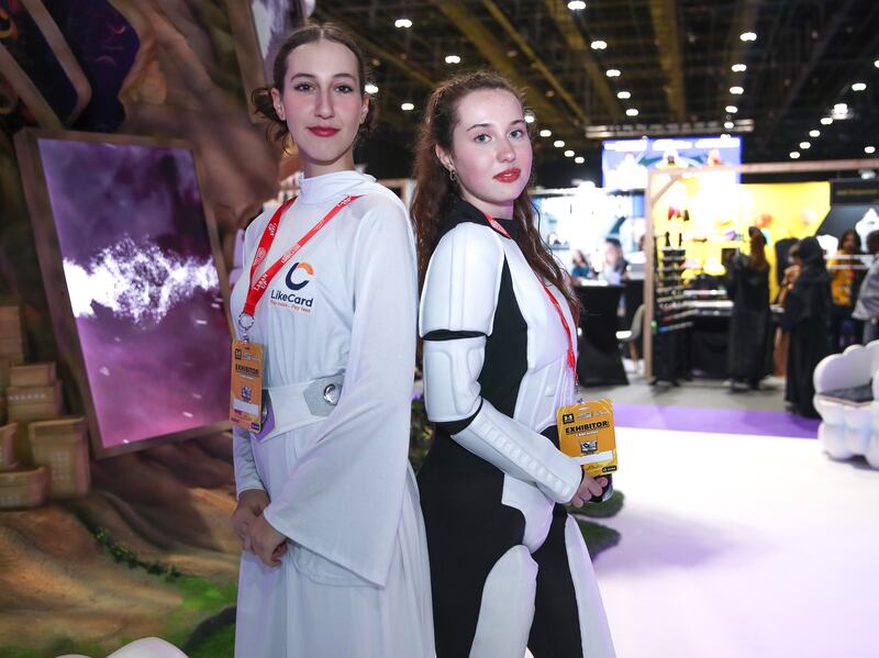 Kaliste Rodi as Princess Leia, left, and Eva Sereda, right, as a Stormtrooper from Star Wars