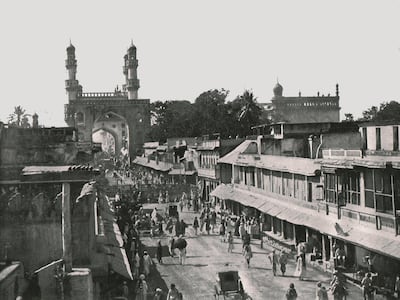 The Char Minar, Hyderabad, India, 1895. The Charminar mosque (meaning 'Four Minarets'), was constructed in 1591. From "Round the World in Pictures and Photographs: From London Bridge to Charing Cross via Yokohama and Chicago". [George Newnes Ltd, London, 1895]. Artist Unknown. (Photo by The Print Collector/Getty Images)