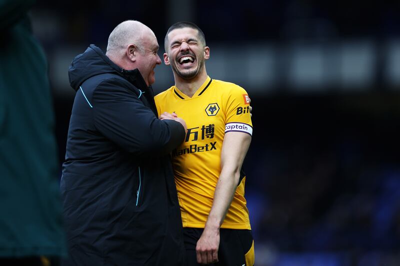 Wolves goalscorer Conor Coady celebrates following the final whistle. Getty