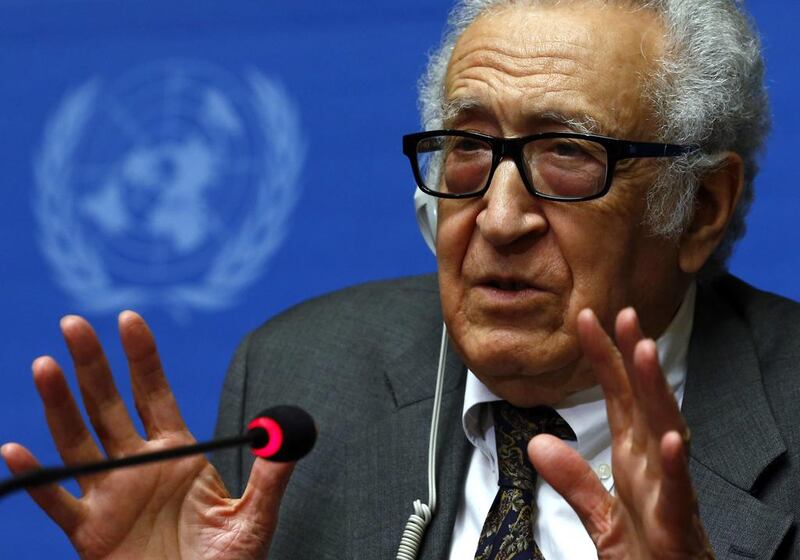 The United Nations mediator Lakhdar Brahimi briefs reporters at the UN European headquarters in Geneva after talks broke off early on Tuesday. Denis Balibouse / Reuters
