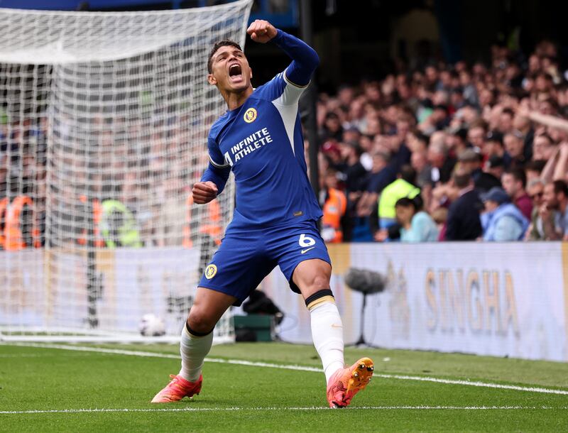 Thiago Silva celebrates after setting up Noni Madueke's goal that made it 3-0 to Chelsea. Reuters