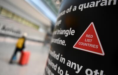 epa09175531 A quarantine sign for so called 'red list' countries at Heathrow Airport in London, Britain, 03 May 2021. Holidays abroad are set to resume on 17 May if the governments road map for lockdown easing continues. A cross party group of MP's however are recommending that foreign holidays should be discouraged due to the threat of Covid-19 variants which could cause a third wave in the UK.  EPA/ANDY RAIN