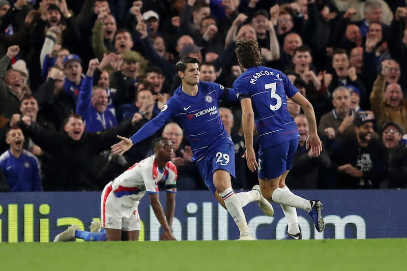 LONDON, ENGLAND - NOVEMBER 04:  Alvaro Morata of Chelsea celebrates after scoring his team's second goal during the Premier League match between Chelsea FC and Crystal Palace at Stamford Bridge on November 4, 2018 in London, United Kingdom.  (Photo by Richard Heathcote/Getty Images)