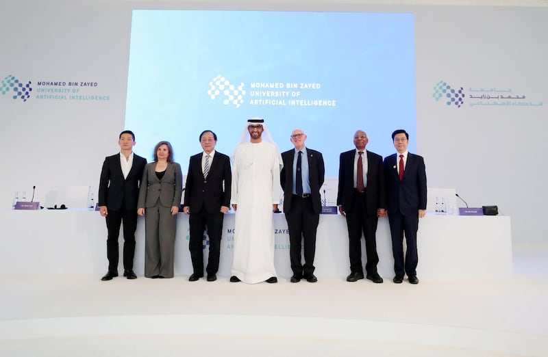 Abu Dhabi, United Arab Emirates - October 16, 2019: L-R Peng Xiao, Professor Daniela Rus, Professor Andrew Chi-Chih Yao, Dr Sultan Al Jaber, Professor Sir Michael Brady, Professor Anil K Jain and Dr Kai-Fu Lee. The launch of Mohamed bin Zayed University of Artificial intelligence. Wednesday the 16th of October 2019. Masdar City, Abu Dhabi. Chris Whiteoak / The National