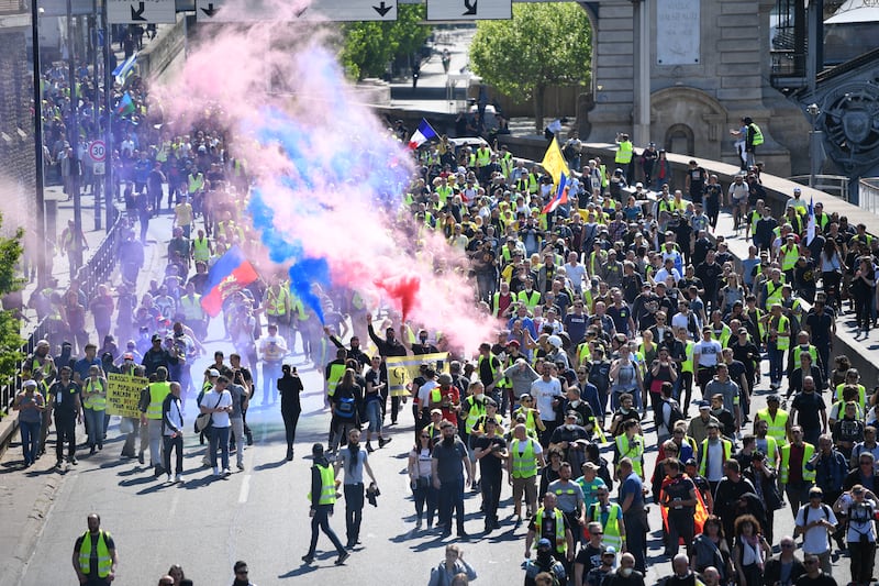 Yellow vest demonstrators gather in the Bercy neighbourhood of Paris to protest for a 23rd week in April 2019.
