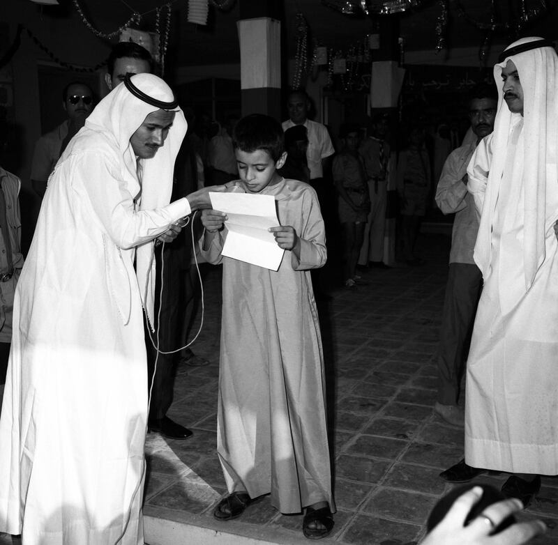 Sheikh Mohamed gives the opening speech at the open day for Al Kindi Primary School in Abu Dhabi in April 1971. Photo: National Archives