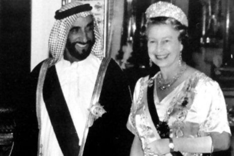 The UAE's founding father, Sheikh Zayed, with Britain's Queen Elizabeth II at a state banquet at Buckingham Palace in July, 1989.