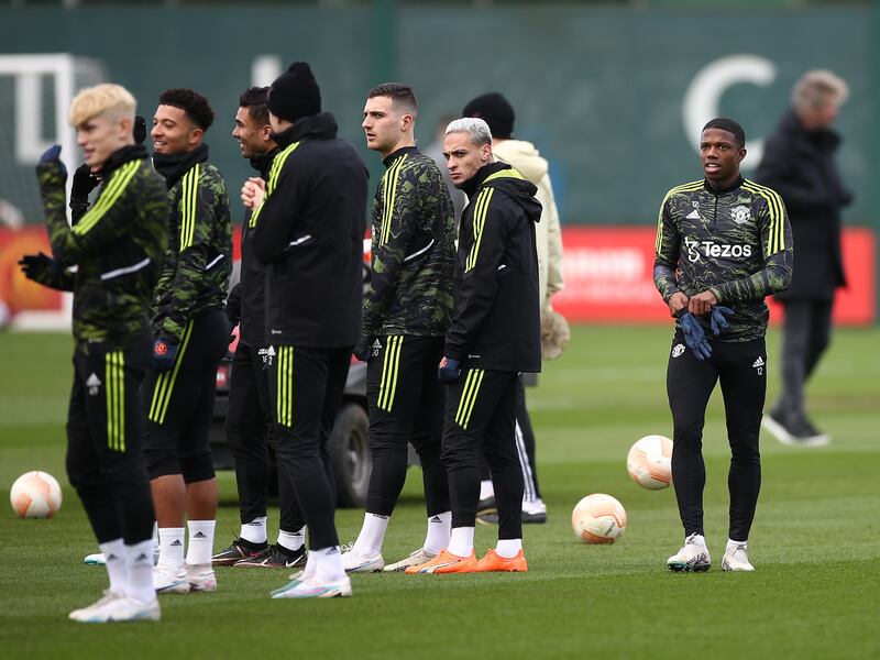Alejandro Garnacho, Jadon Sancho, Casemiro, Victor Lindelof, Diogo Dalot, Antony and Tyrell Malacia at Manchester United training. EPA 