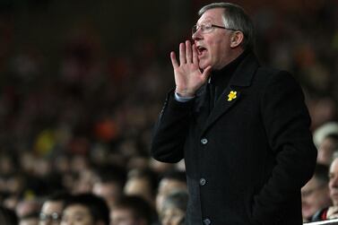 Manager Sir Alex Ferguson of Manchester United shouts instructions from the dugout. Getty