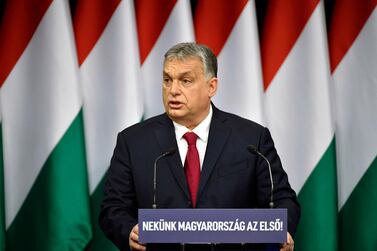 Hungarian Prime Minister Viktor Orban delivers his annual 'State of Hungary' speech. MTI via AP