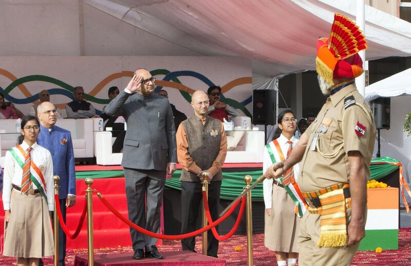 Dubai, United Arab Emirates - Consul General Vipul during the parade for India Republic Day event at the Indian High School in Oud Mehta.  Leslie Pableo for The National