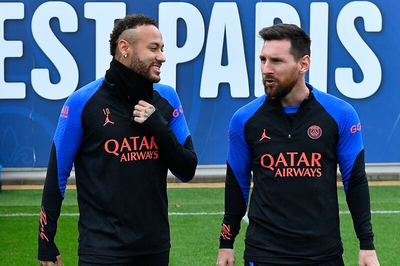 PSG star Lionel Messi with teammate Neymar during a training session in Paris on Wednesday, January 4, 2023. All photos by Getty 