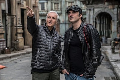 Producer James Cameron and Director Robert Rodriguez on the set of ALITA: BATTLE ANGEL. Photo by Rico Torres