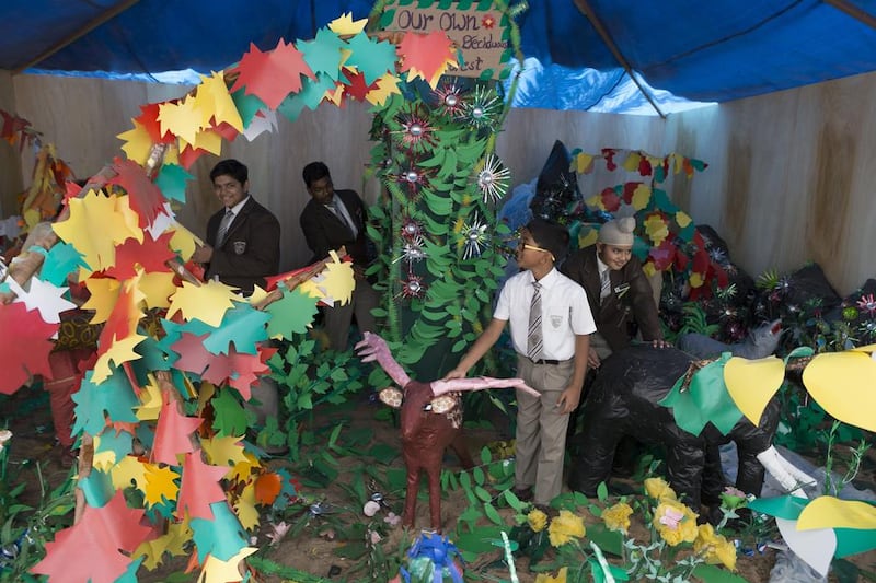 Pupils from Gems Our Own High School in Dubai won an award for a recycled ‘forest’ they made. Antonie Robertson / The National