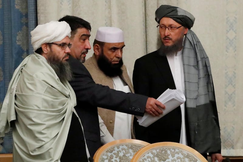 FILE PHOTO: Members of Taliban delegation take their seats during the multilateral peace talks on Afghanistan in Moscow, Russia November 9, 2018. REUTERS/Sergei Karpukhin/File Photo