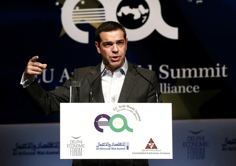 epa06317818 Prime Minister Alexis Tsipras speaks at the second EU Arab World Summit taking place at the Athens Concert Hall, Greece, 09 November 2017. The second EU Arab World Summit takes place on 09 and 10 November in Athens.  EPA/SIMELA PANTZARTZI