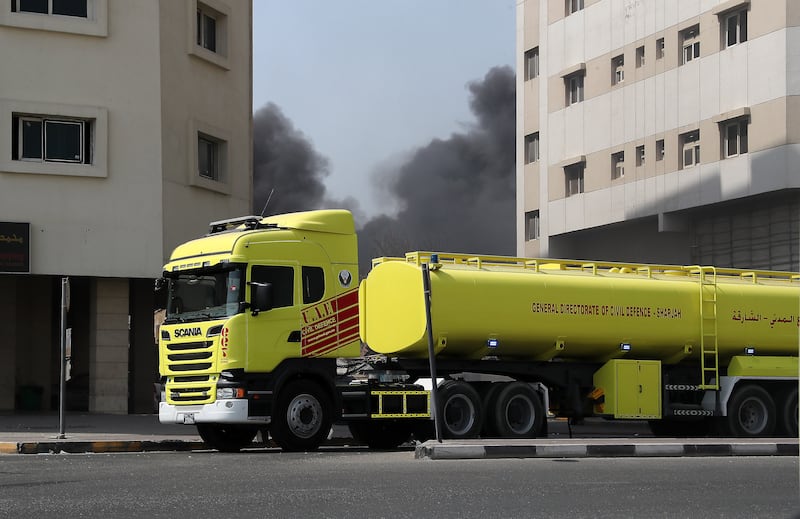 Sharjah Civil Defence Operations Room said a report of the fire at industrial area Number 8 was received at 12.40pm and crews were at the scene within minutes.