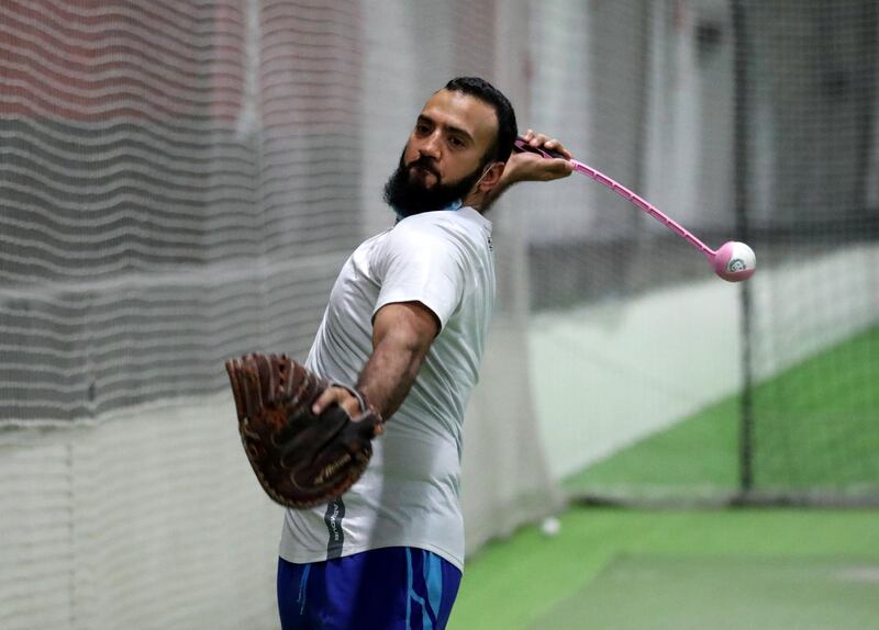 Dubai, United Arab Emirates - Reporter: Paul Radley. Sport. UAE batsman Basil Hameed (UAE kit) training with freelance coach Mohsin Arif. Tuesday, June 30th, 2020. Dubai. Chris Whiteoak / The National